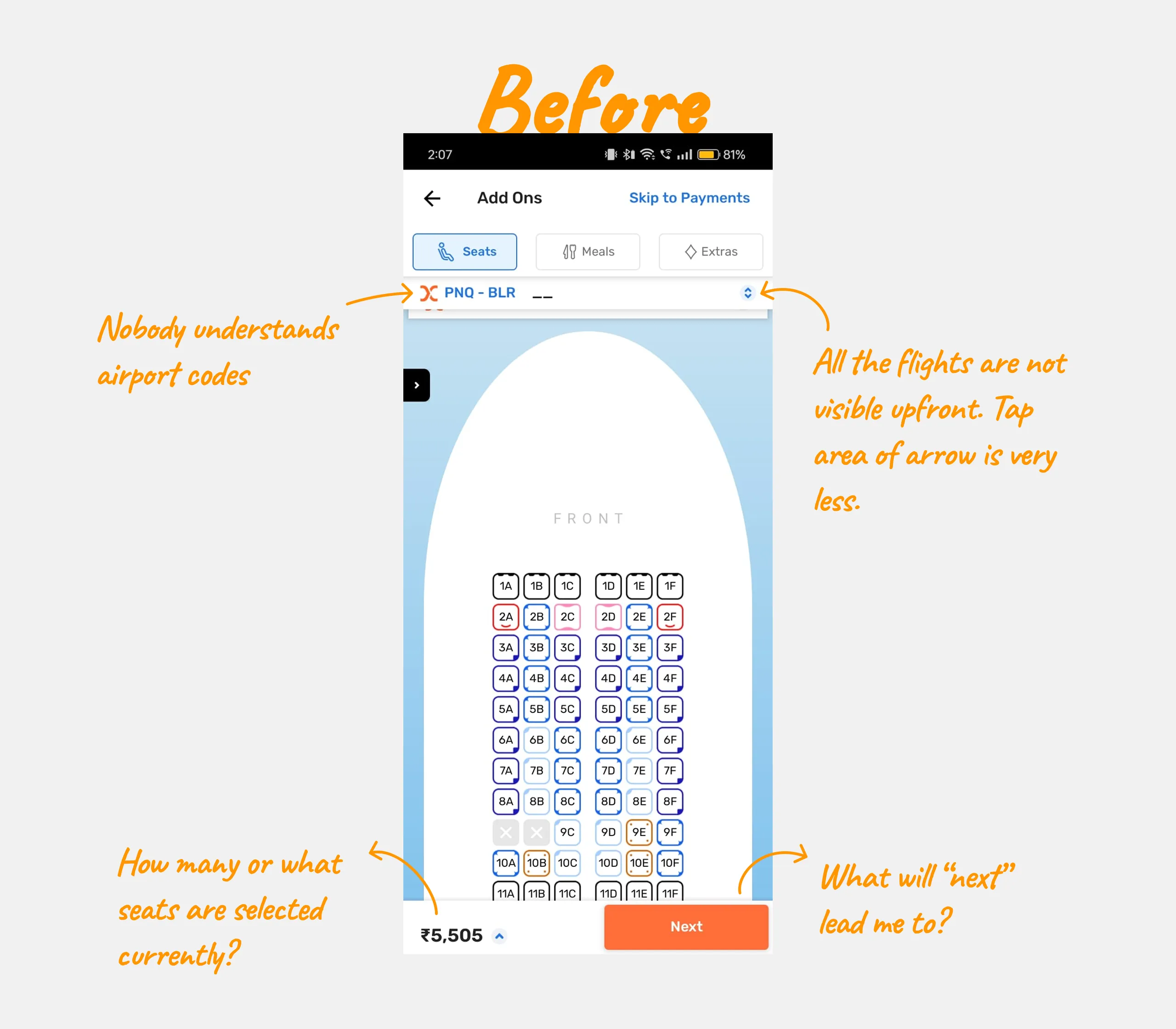 Usability issues in the seat selection flow