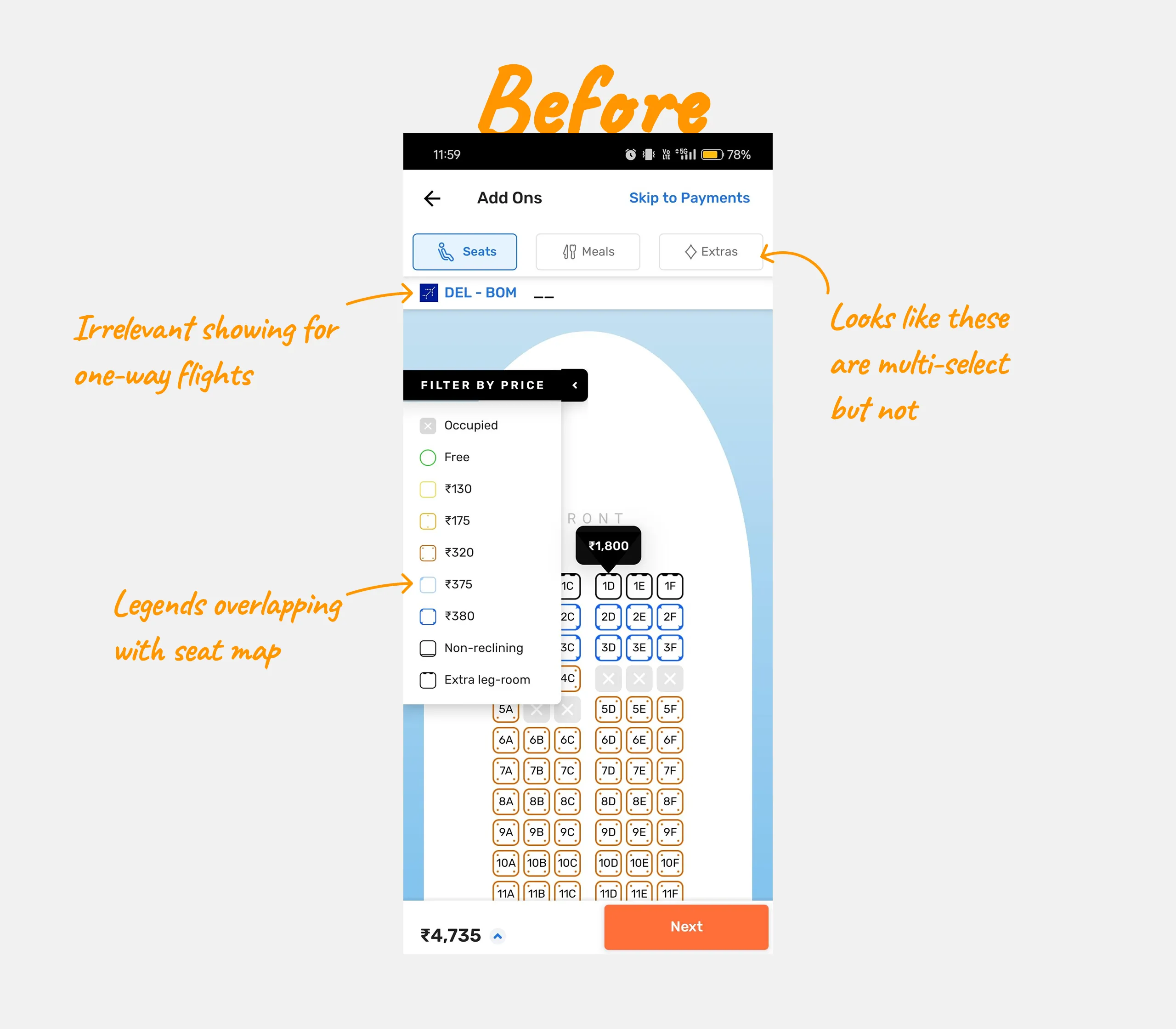 Usability issues in the seat selection flow