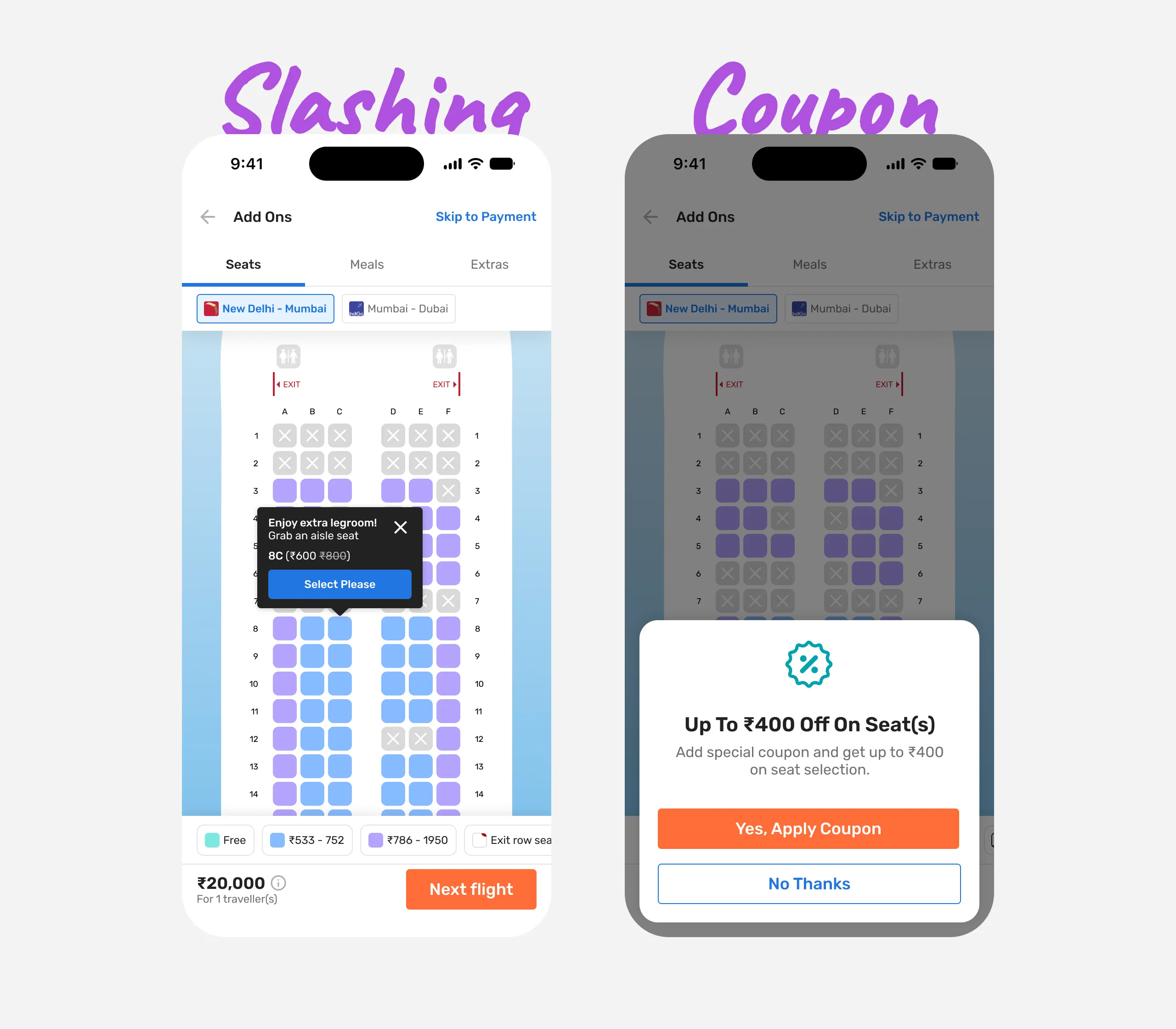 Seat discounting for price slashing and seat coupon