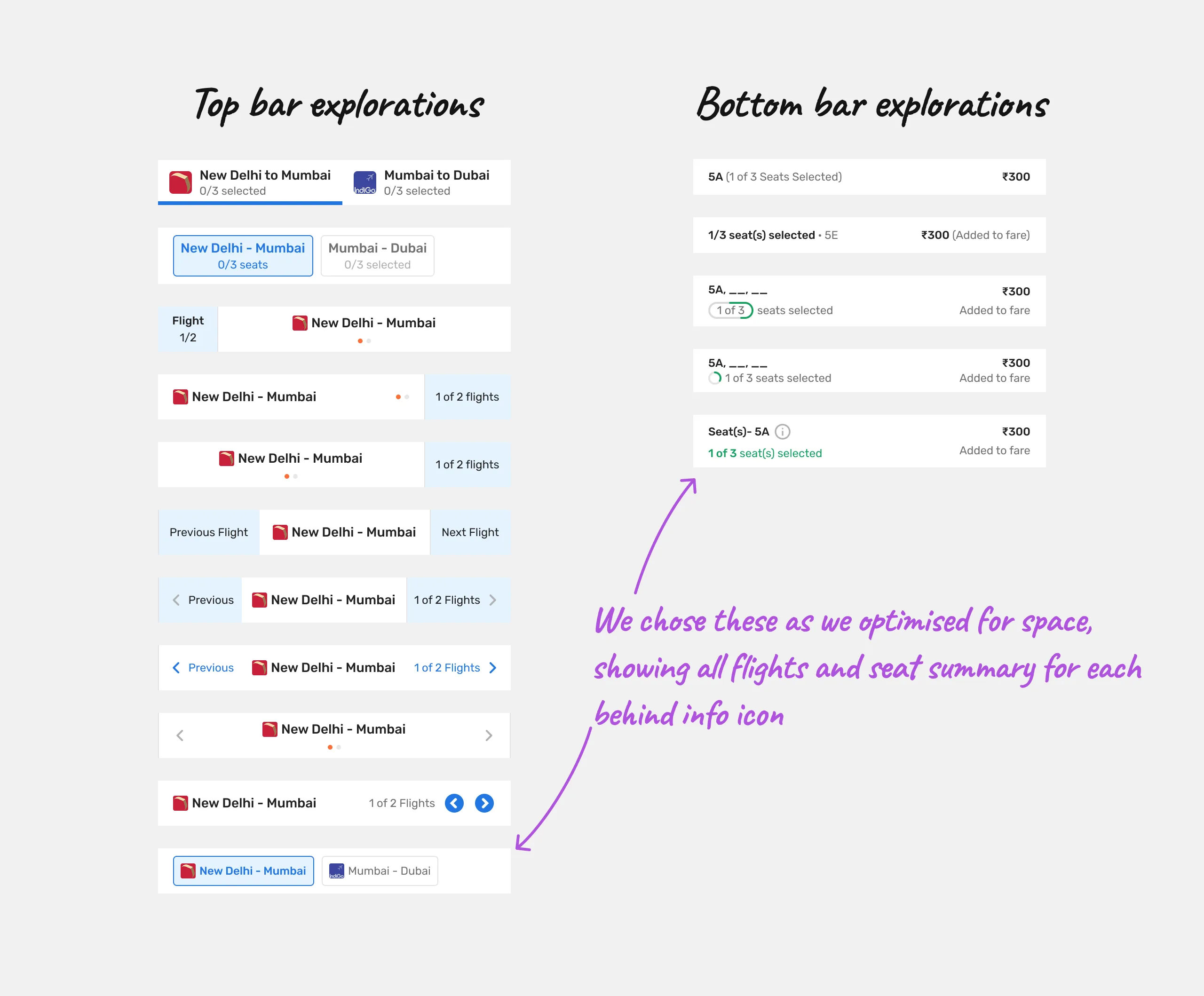 All iterations explored for the top header and bottom bar
